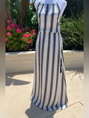 LOFT Black and White Striped Sleeveless Maxi Dress and Black Tassels